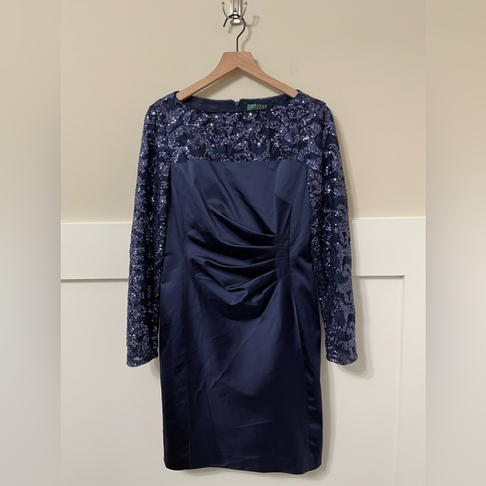 Lauren Ralph Lauren Evening Blue Sequin Formal Shift Dress Size 10 - Picture 3 of 10